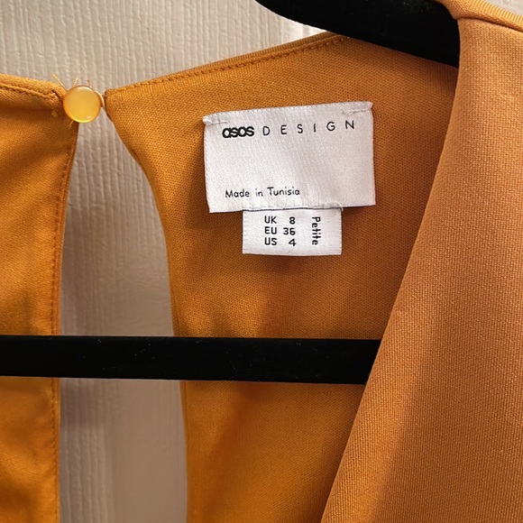 ASOS Design Petite Wrap Plunge Mini Dress with Flute Sleeve in Mustard - Picture 8 of 9